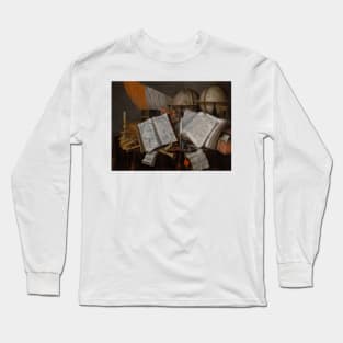 A Vanitas Still Life with a Flag, Candlestick, Musical Instruments, Books, Writing Paraphernalia, Globes and Hourglass by Edwaert Collier Long Sleeve T-Shirt